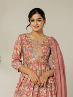 Yufta Pink Cotton Embroidery A-Line Kurta Dupatta Set | Grocsy