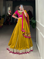 Lorenvalley Fashion Mustard Pure Rayon Plain And Lace Border With Gotta Patti Touch Up Lehenga Choli with Dupatta | Grocsy