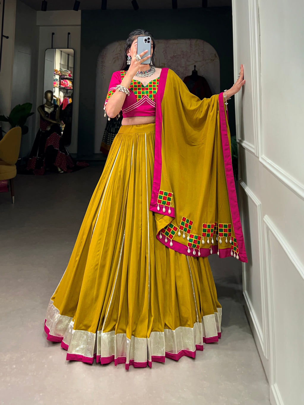 Lorenvalley Fashion Mustard Pure Rayon Plain And Lace Border With Gotta Patti Touch Up Lehenga Choli with Dupatta | Grocsy
