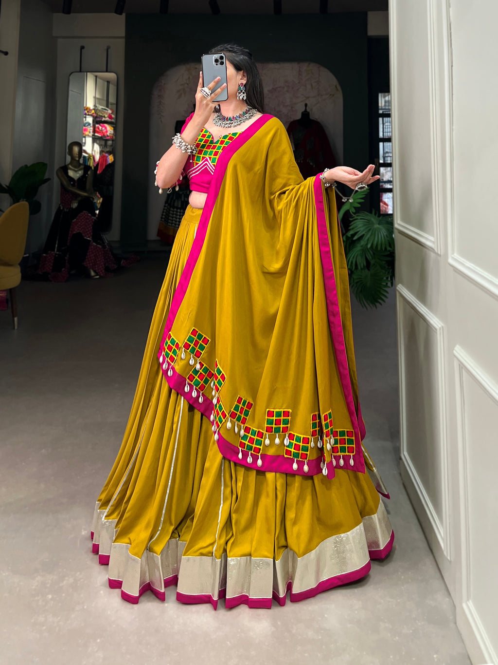 Lorenvalley Fashion Mustard Pure Rayon Plain And Lace Border With Gotta Patti Touch Up Lehenga Choli with Dupatta | Grocsy