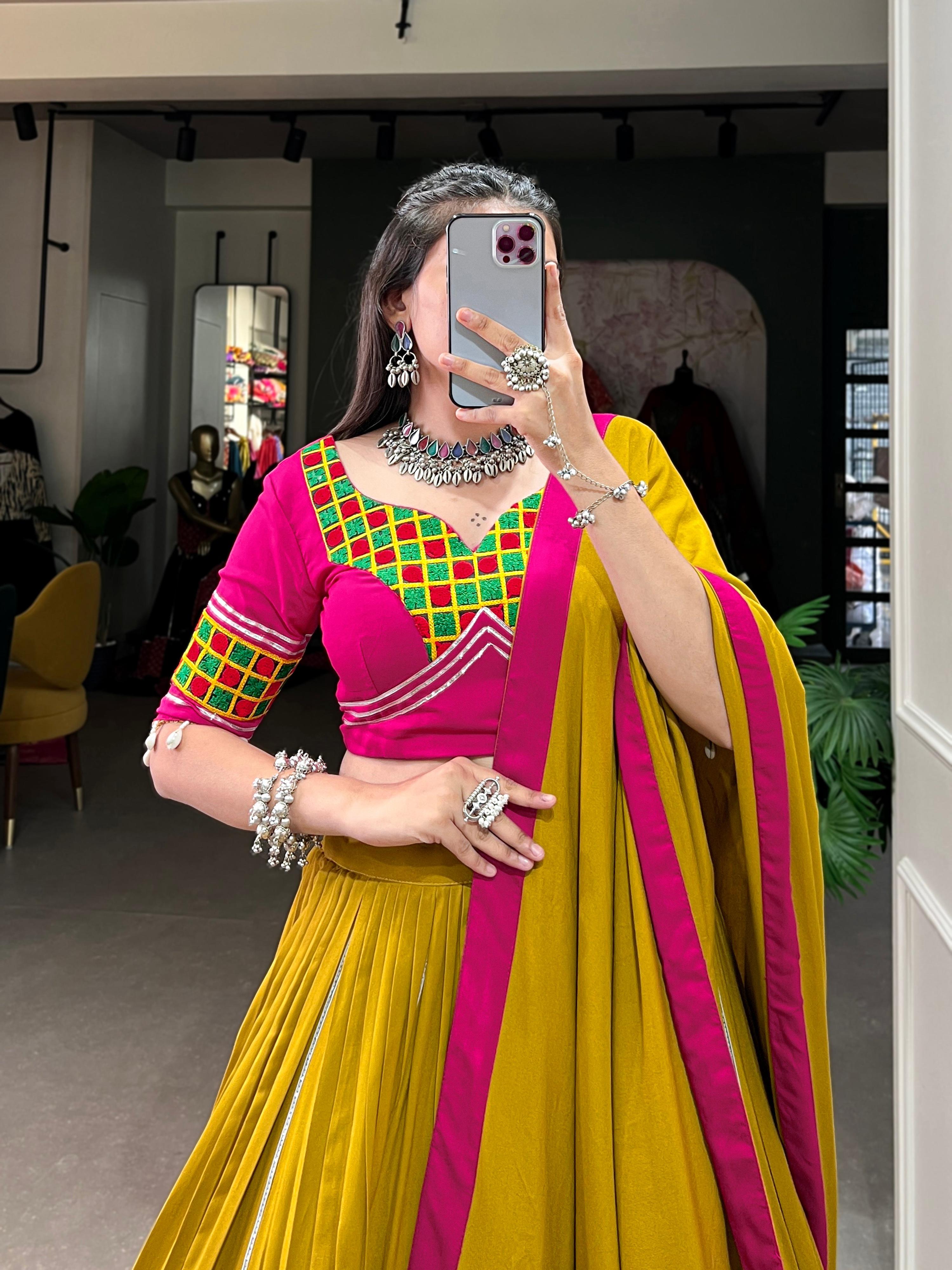 Lorenvalley Fashion Mustard Pure Rayon Plain And Lace Border With Gotta Patti Touch Up Lehenga Choli with Dupatta | Grocsy