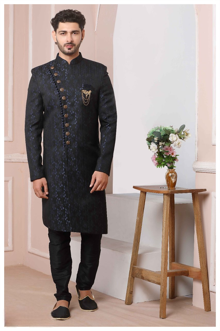 Raivat Ethnic Jacquard Silk Thread Work Indo Western In Navy Blue Colour | Grocsy