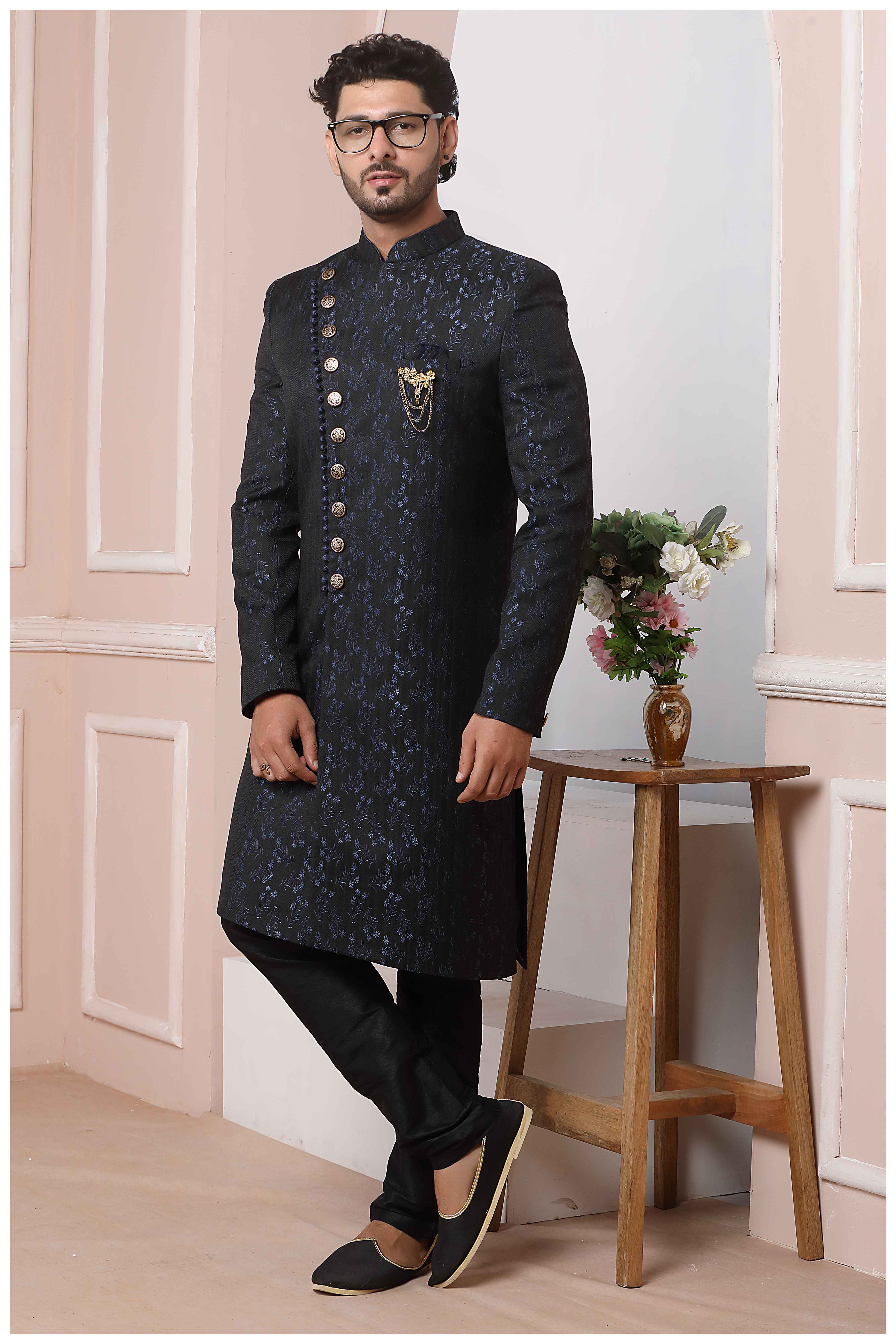 Raivat Ethnic Jacquard Silk Thread Work Indo Western In Navy Blue Colour | Grocsy