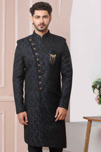 Raivat Ethnic Jacquard Silk Thread Work Indo Western In Navy Blue Colour | Grocsy