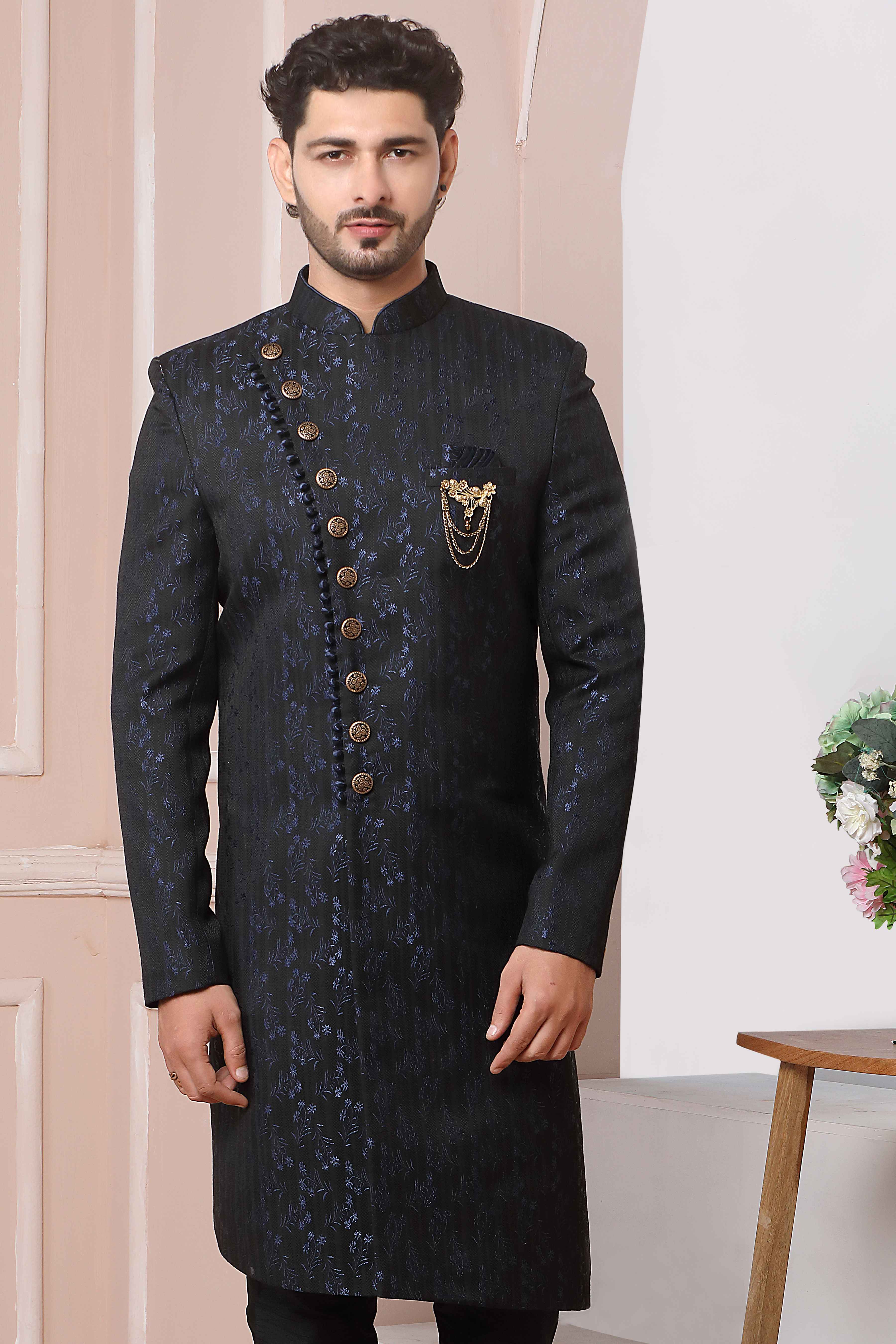 Raivat Ethnic Jacquard Silk Thread Work Indo Western In Navy Blue Colour | Grocsy