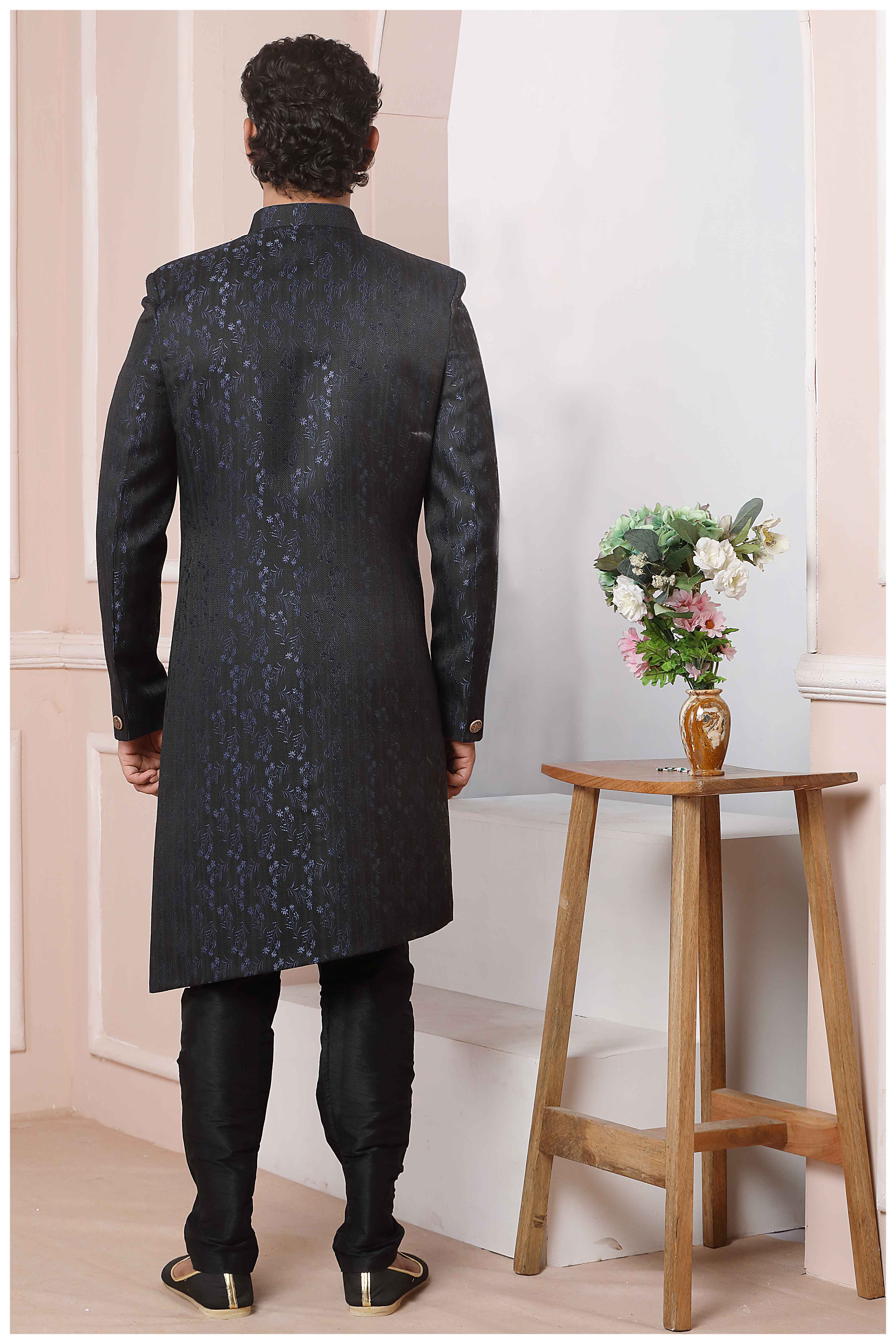 Raivat Ethnic Jacquard Silk Thread Work Indo Western In Navy Blue Colour | Grocsy