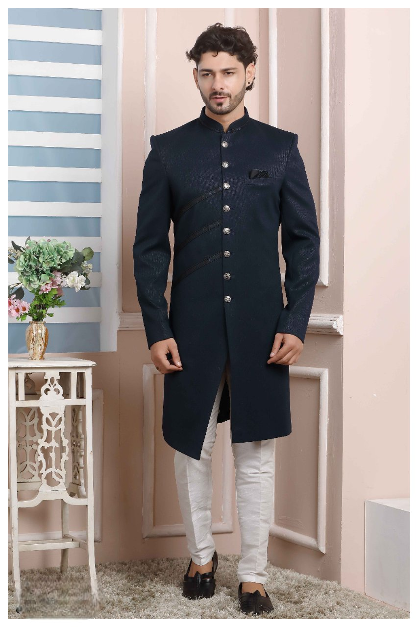 Raivat Ethnic Jacquard Silk Thread Work Indo Western In Blue Colour | Grocsy