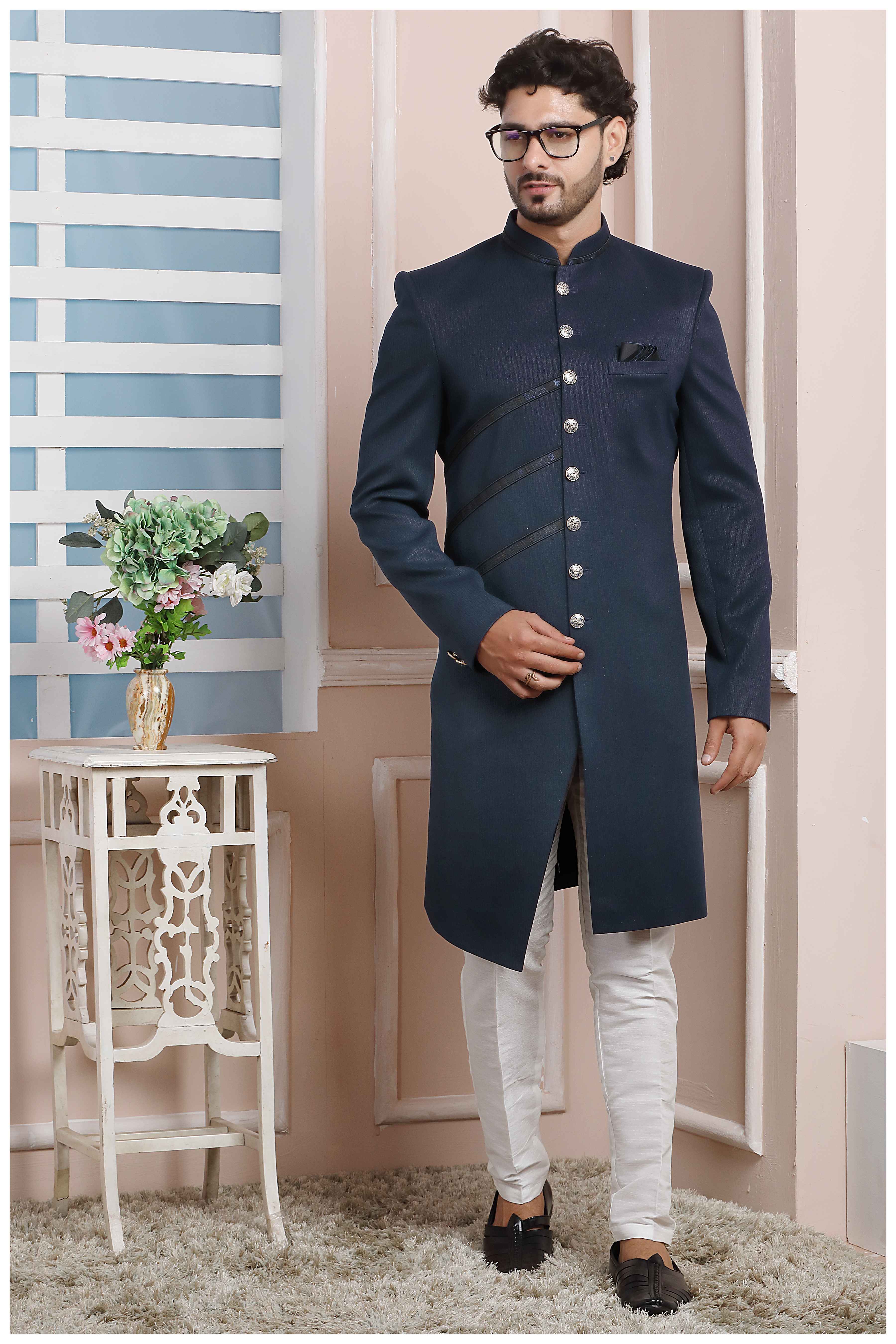 Raivat Ethnic Jacquard Silk Thread Work Indo Western In Blue Colour | Grocsy