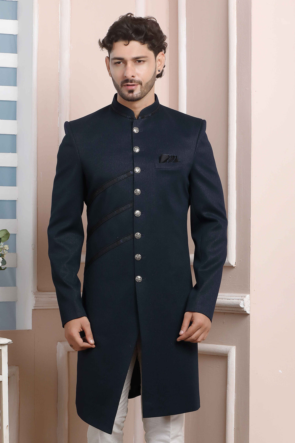 Raivat Ethnic Jacquard Silk Thread Work Indo Western In Blue Colour | Grocsy