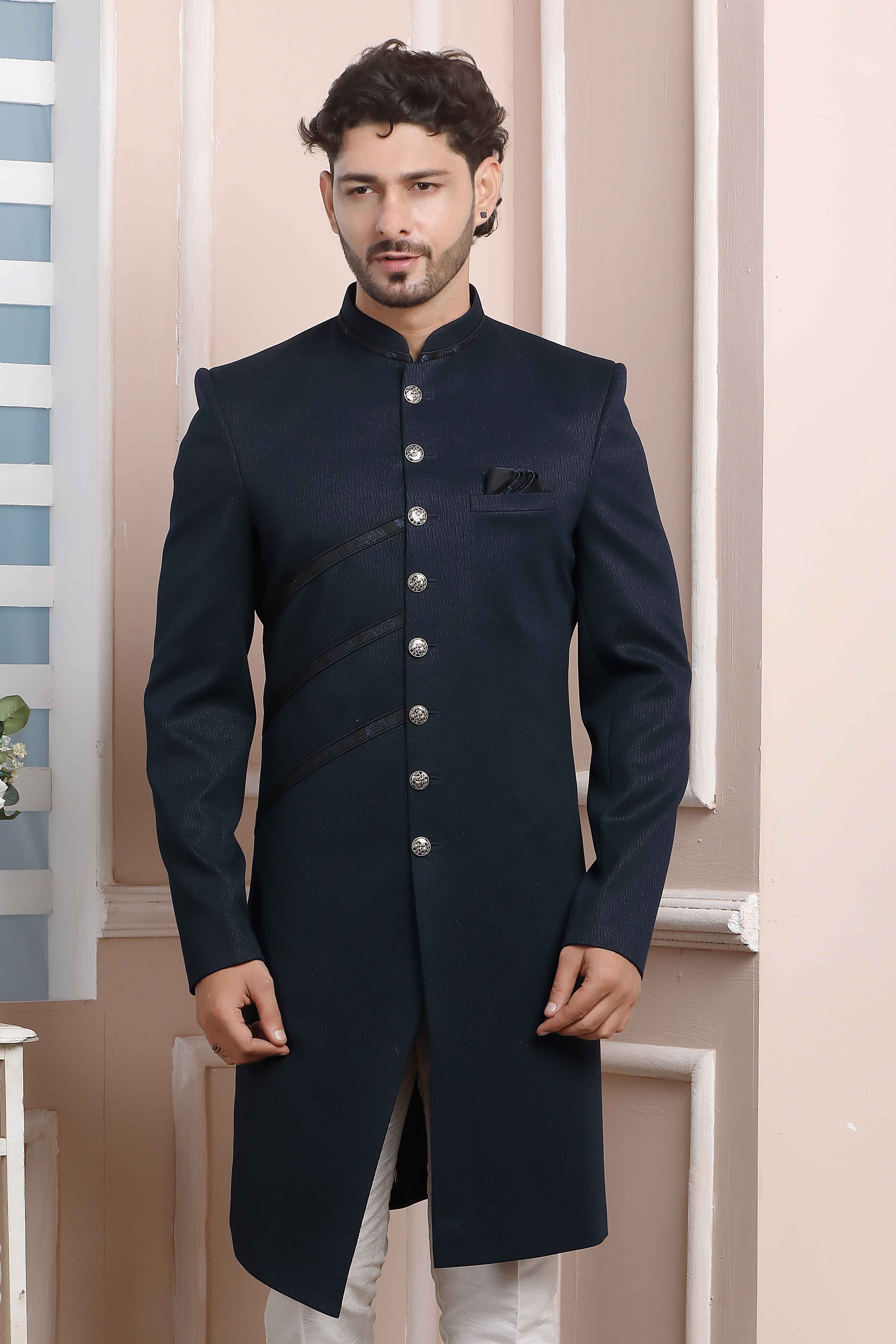 Raivat Ethnic Jacquard Silk Thread Work Indo Western In Blue Colour | Grocsy
