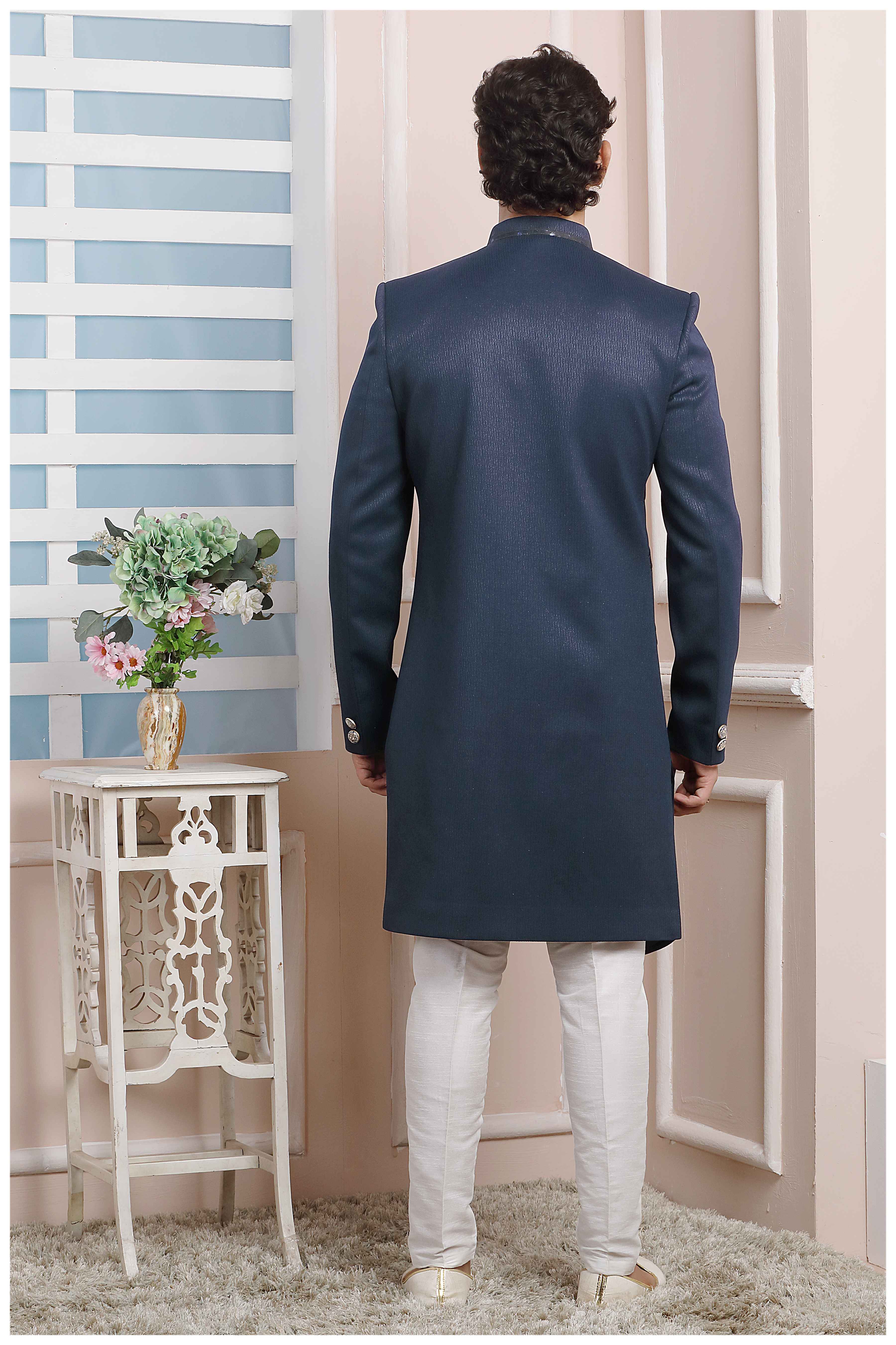 Raivat Ethnic Jacquard Silk Thread Work Indo Western In Blue Colour | Grocsy