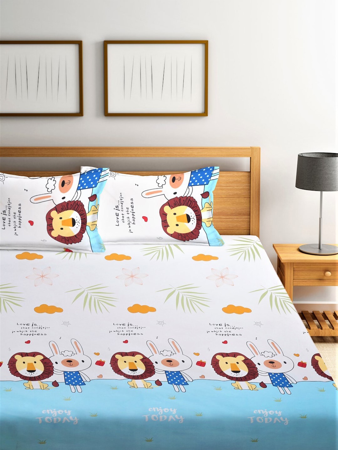 Home Sizzler White & Blue Printed 210 TC Double Bedsheet With 2 Pillow Covers | Grocsy