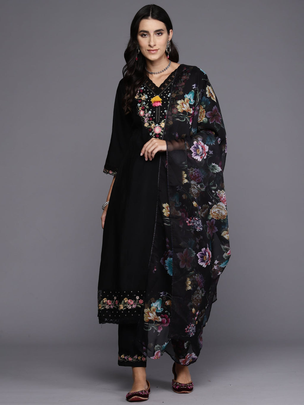 Indo Era Black Embroidered A-Line Kurta Trousers With Dupatta Set | Grocsy