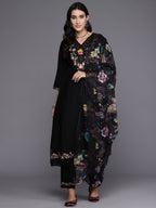 Indo Era Black Embroidered A-Line Kurta Trousers With Dupatta Set | Grocsy