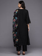Indo Era Black Embroidered A-Line Kurta Trousers With Dupatta Set | Grocsy
