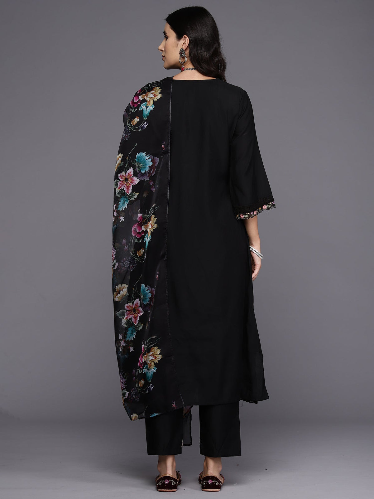 Indo Era Black Embroidered A-Line Kurta Trousers With Dupatta Set | Grocsy