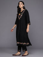 Indo Era Black Embroidered A-Line Kurta Trousers With Dupatta Set | Grocsy