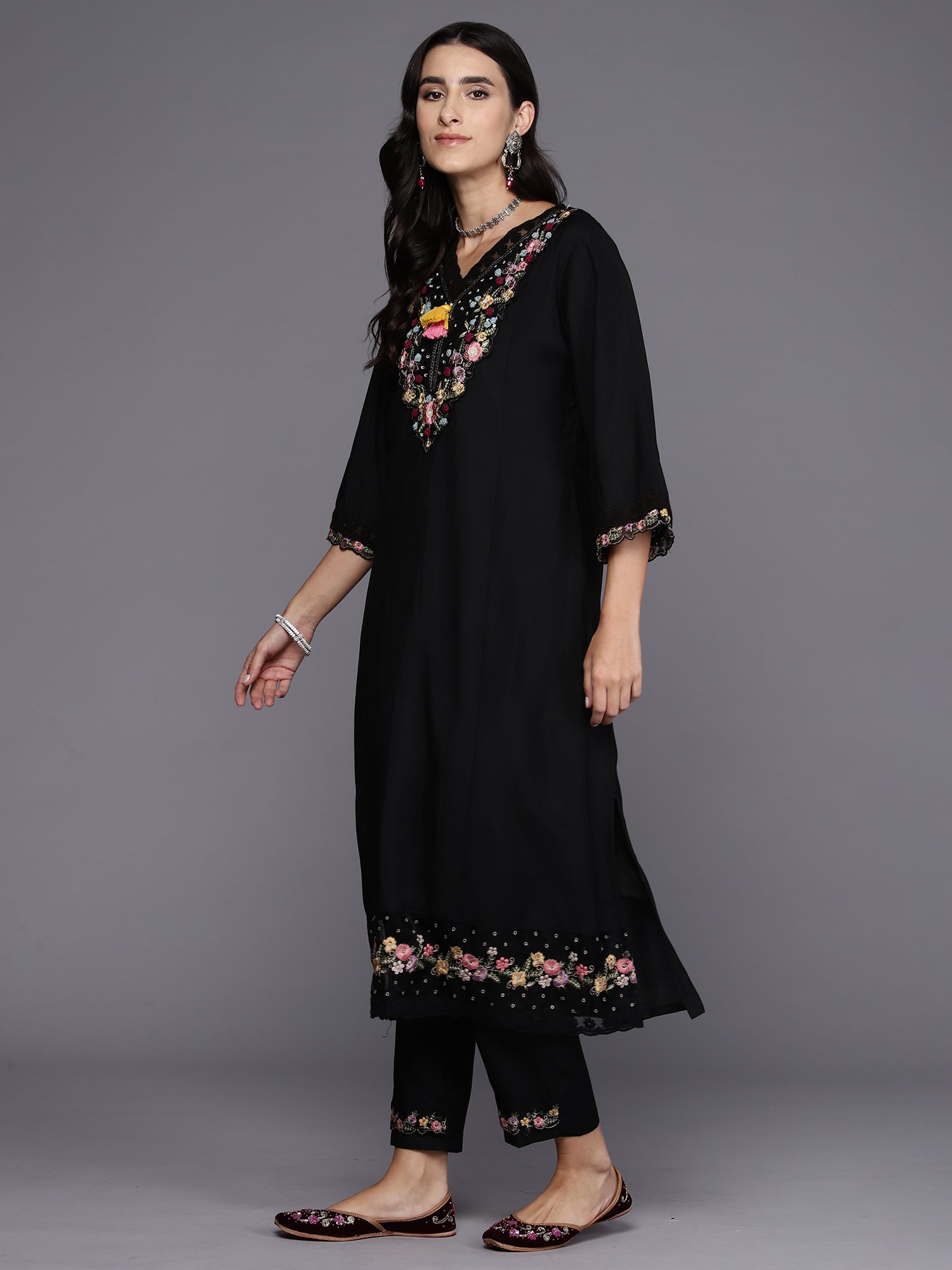 Indo Era Black Embroidered A-Line Kurta Trousers With Dupatta Set | Grocsy