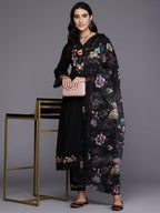 Indo Era Black Embroidered A-Line Kurta Trousers With Dupatta Set | Grocsy