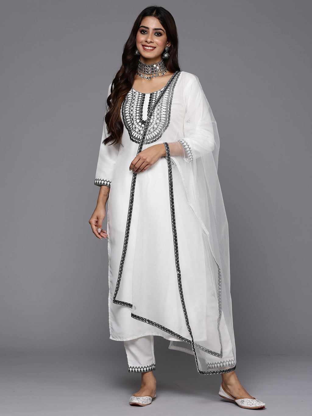 Indo Era White Embroidered Straight Kurta Trousers With Dupatta Set | Grocsy