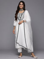 Indo Era White Embroidered Straight Kurta Trousers With Dupatta Set | Grocsy