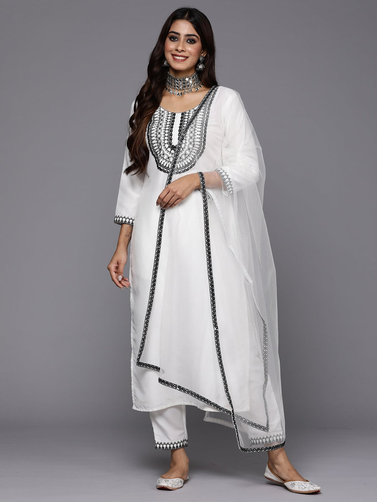 Indo Era White Embroidered Straight Kurta Trousers With Dupatta Set | Grocsy