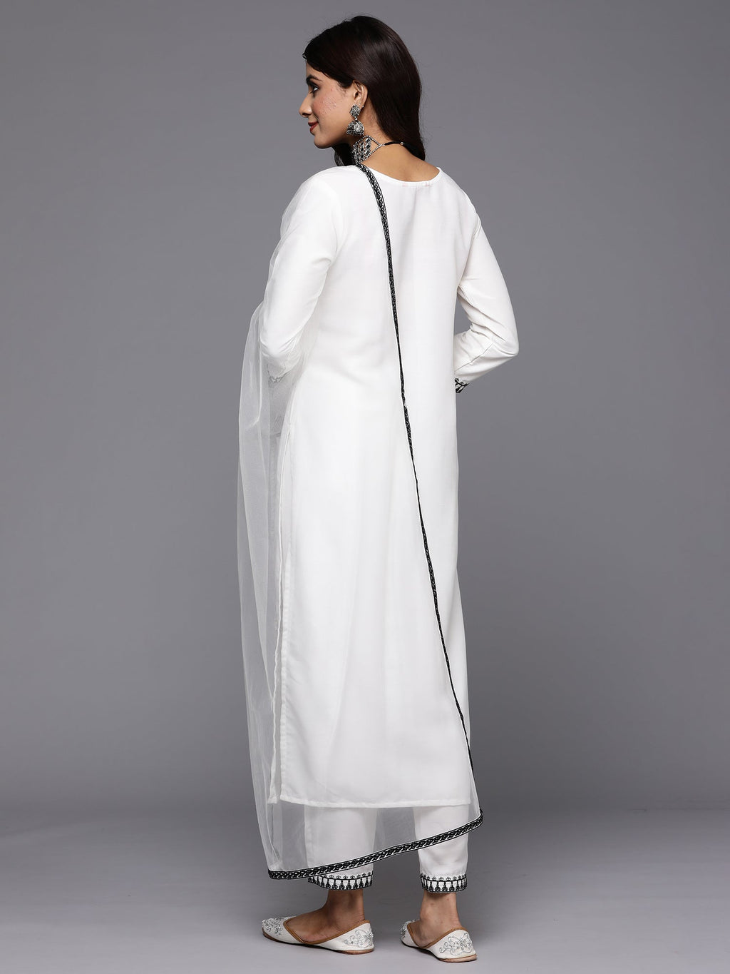 Indo Era White Embroidered Straight Kurta Trousers With Dupatta Set | Grocsy