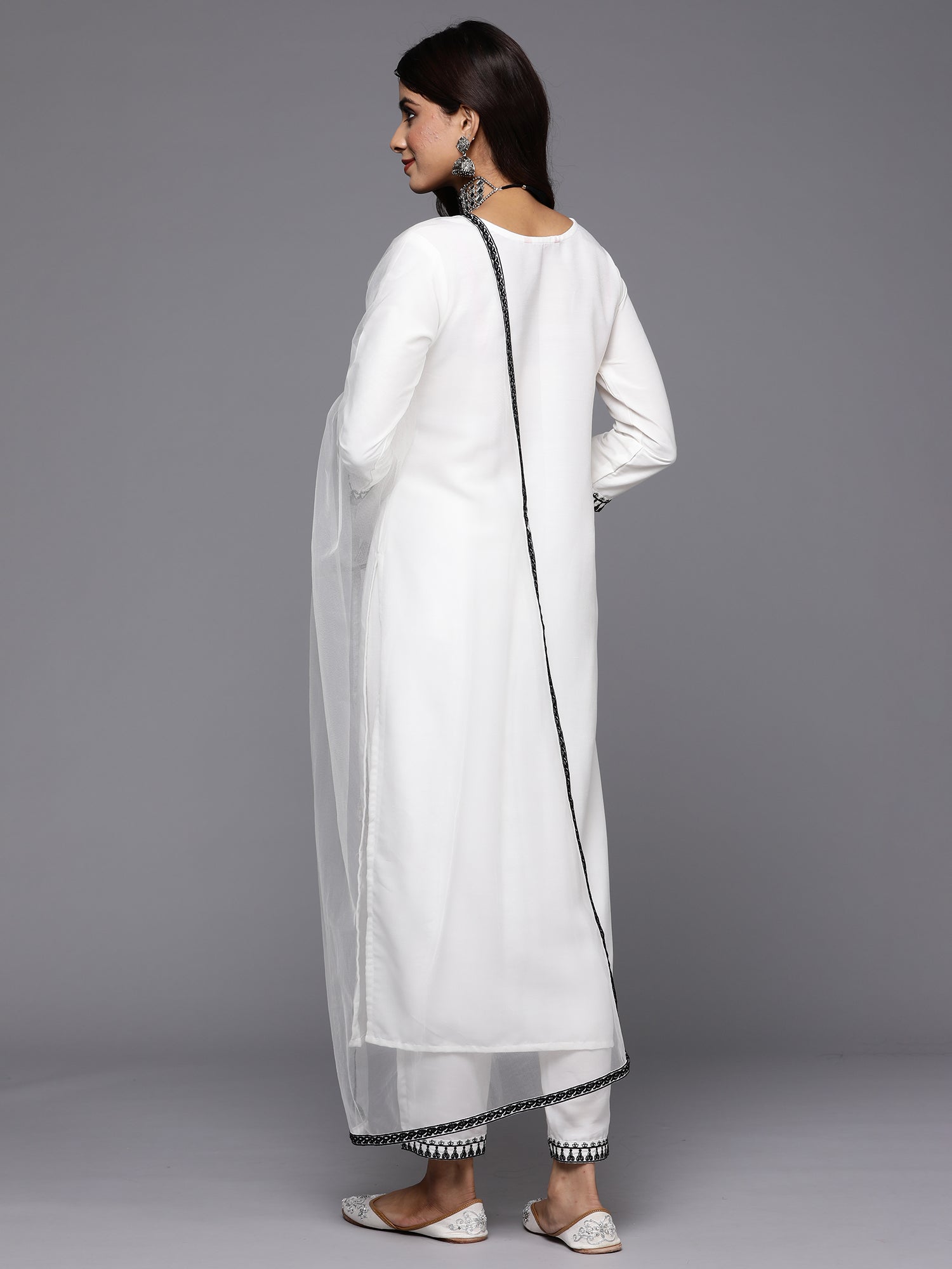 Indo Era White Embroidered Straight Kurta Trousers With Dupatta Set | Grocsy