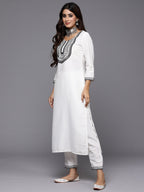 Indo Era White Embroidered Straight Kurta Trousers With Dupatta Set | Grocsy