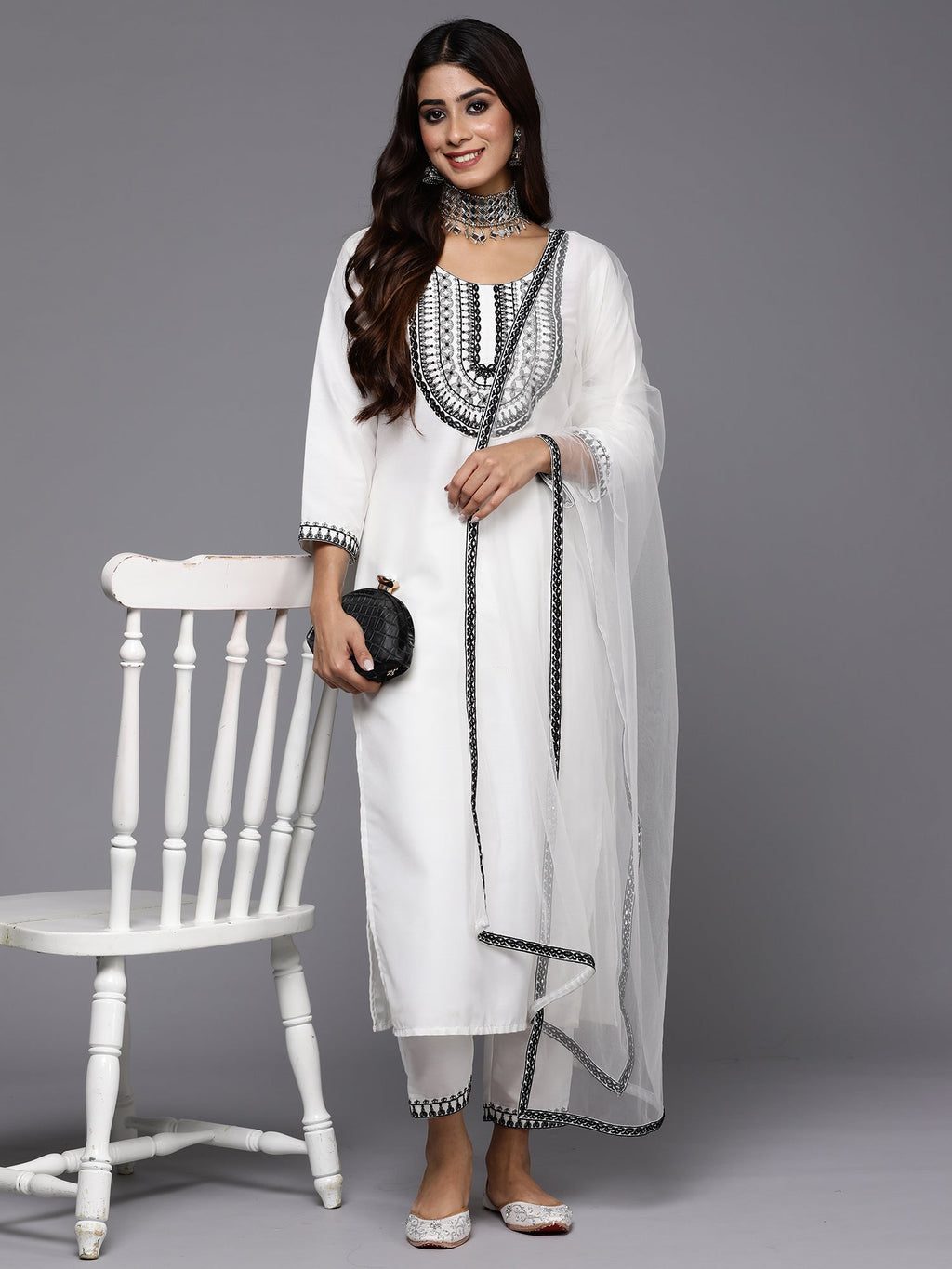 Indo Era White Embroidered Straight Kurta Trousers With Dupatta Set | Grocsy