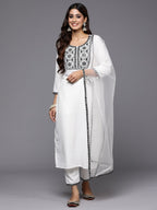 Indo Era White Embroidered Straight Kurta Trousers With Dupatta Set | Grocsy