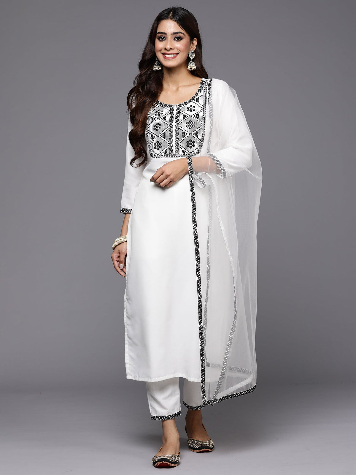 Indo Era White Embroidered Straight Kurta Trousers With Dupatta Set | Grocsy