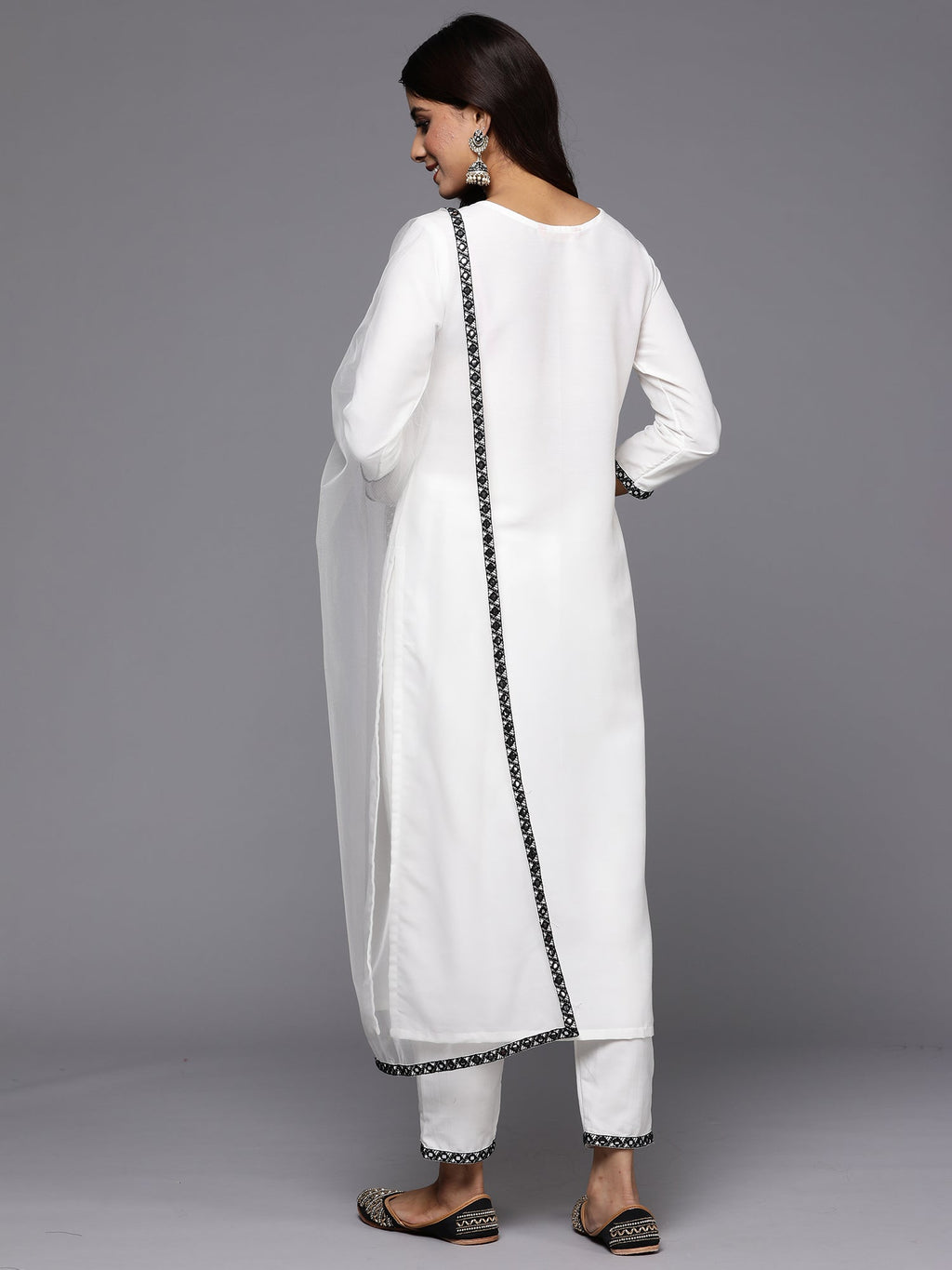 Indo Era White Embroidered Straight Kurta Trousers With Dupatta Set | Grocsy