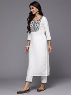 Indo Era White Embroidered Straight Kurta Trousers With Dupatta Set | Grocsy