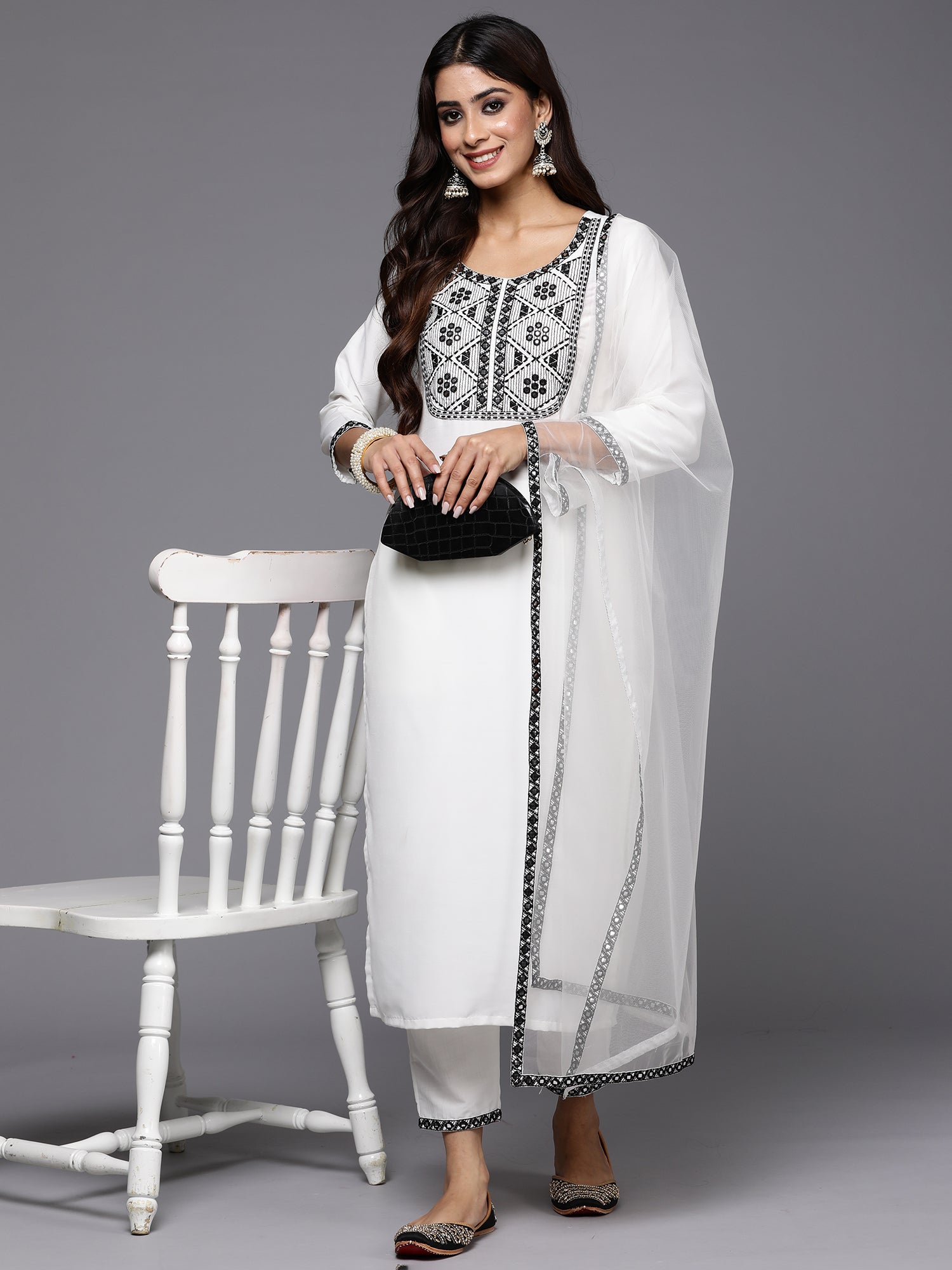 Indo Era White Embroidered Straight Kurta Trousers With Dupatta Set | Grocsy