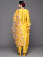 Indo Era Yellow Embroidered Straight Kurta Trousers With Dupatta Set | Grocsy