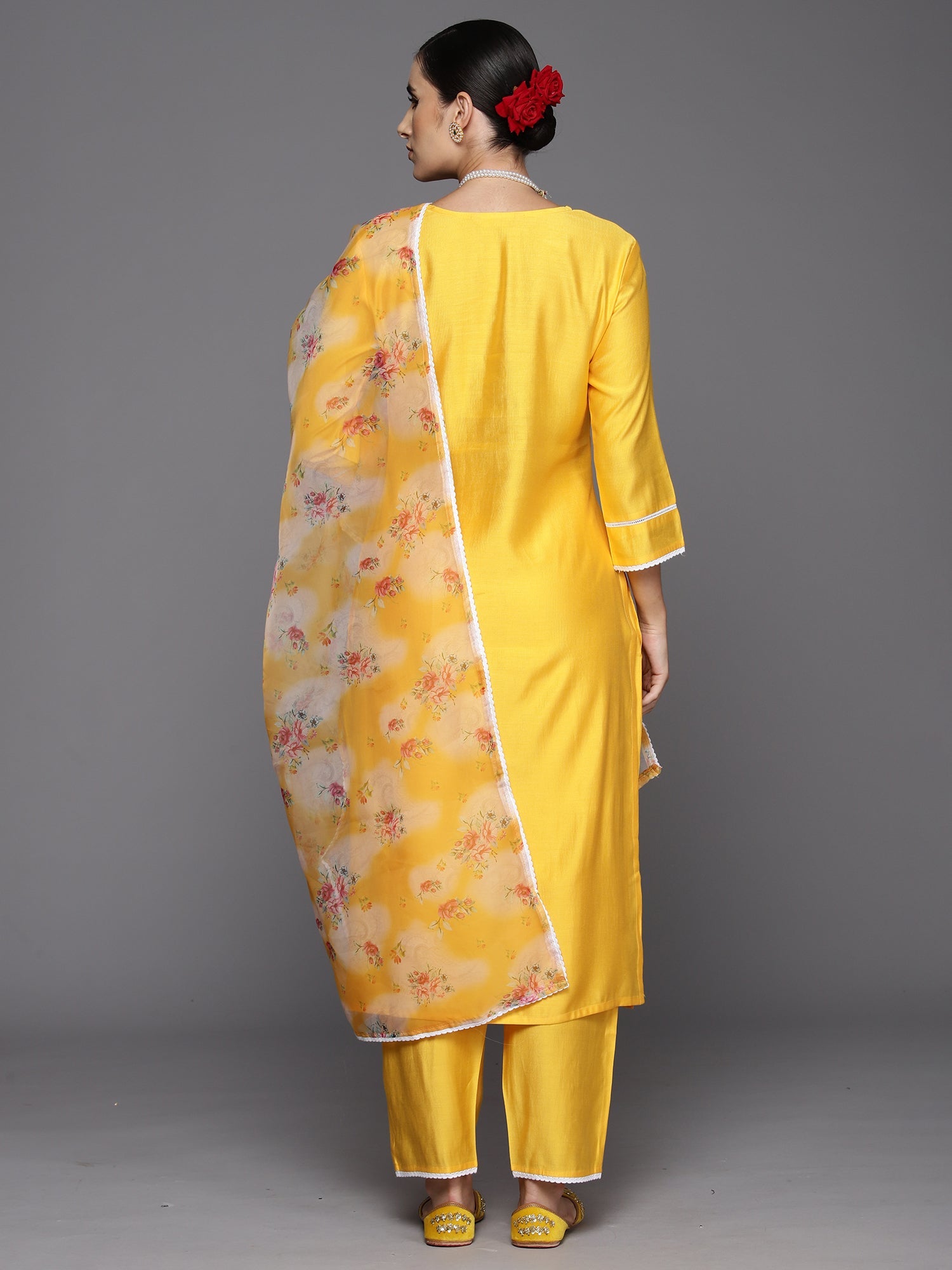 Indo Era Yellow Embroidered Straight Kurta Trousers With Dupatta Set | Grocsy
