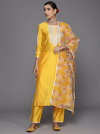Indo Era Yellow Embroidered Straight Kurta Trousers With Dupatta Set | Grocsy