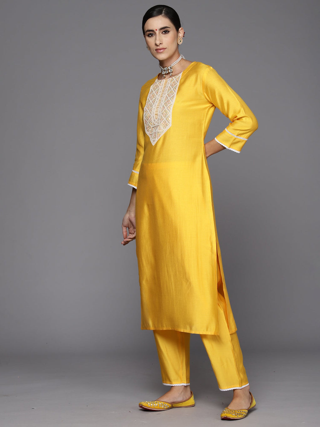 Indo Era Yellow Embroidered Straight Kurta Trousers With Dupatta Set | Grocsy