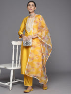 Indo Era Yellow Embroidered Straight Kurta Trousers With Dupatta Set | Grocsy