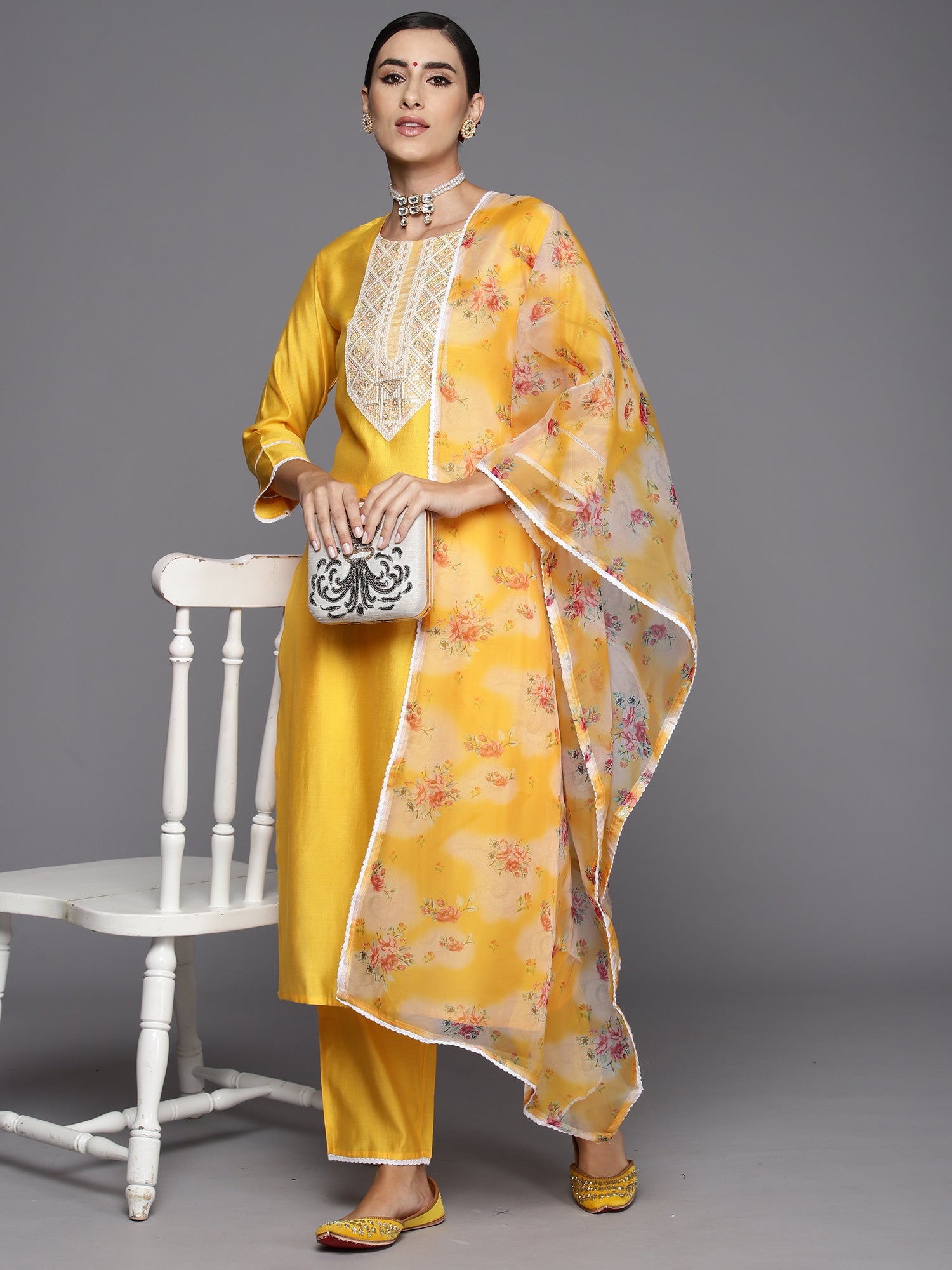 Indo Era Yellow Embroidered Straight Kurta Trousers With Dupatta Set | Grocsy