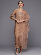 Indo Era Brown Embroidered Straight Kurta Trousers With Dupatta Set | Grocsy