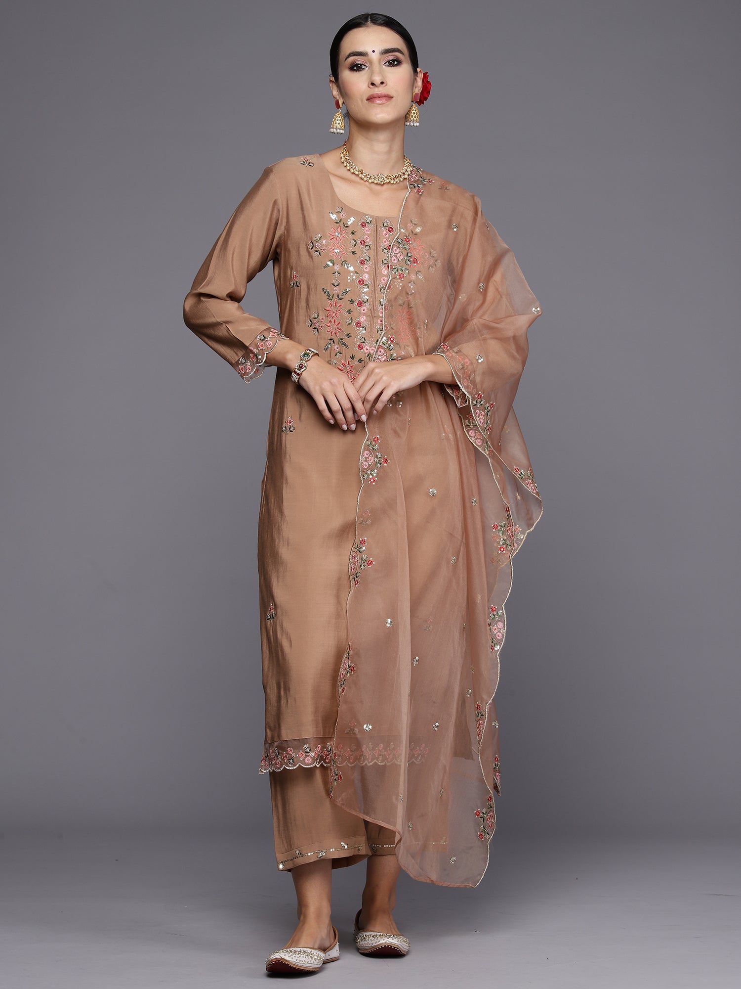 Indo Era Brown Embroidered Straight Kurta Trousers With Dupatta Set | Grocsy