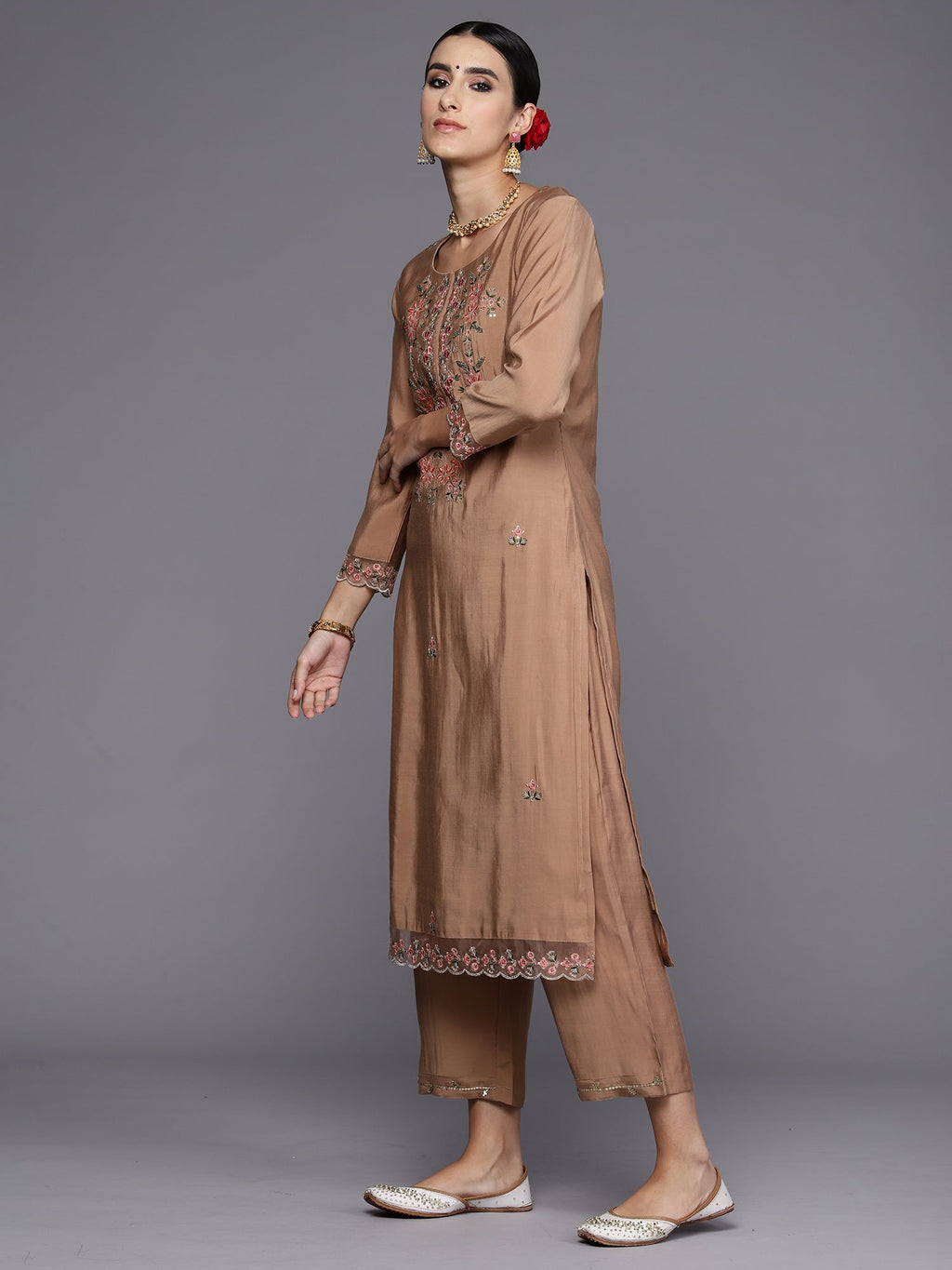 Indo Era Brown Embroidered Straight Kurta Trousers With Dupatta Set | Grocsy