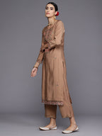 Indo Era Brown Embroidered Straight Kurta Trousers With Dupatta Set | Grocsy