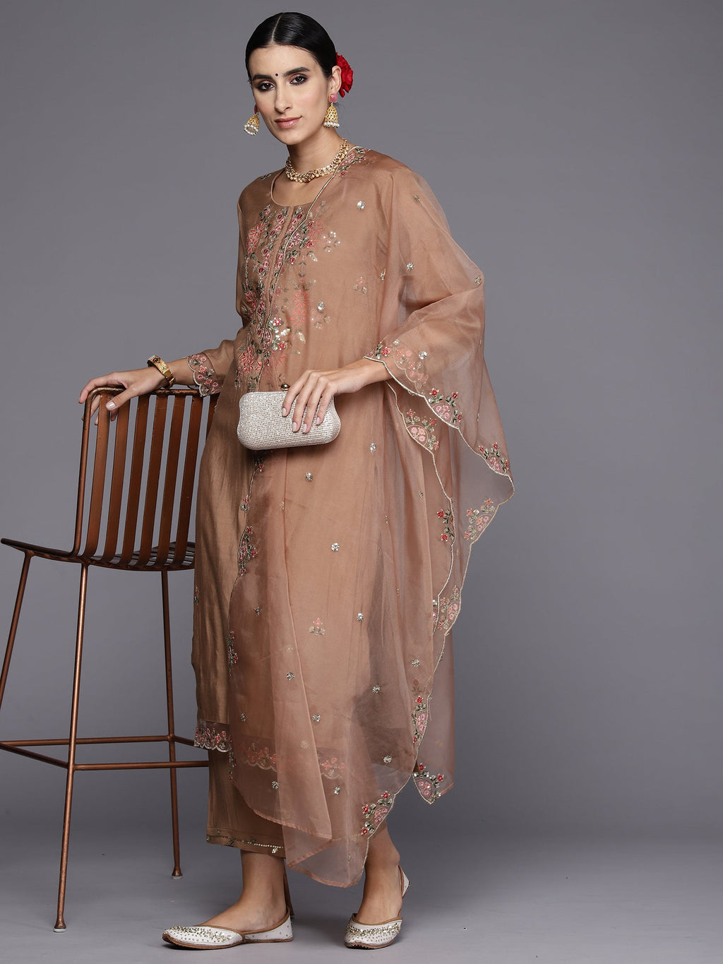 Indo Era Brown Embroidered Straight Kurta Trousers With Dupatta Set | Grocsy