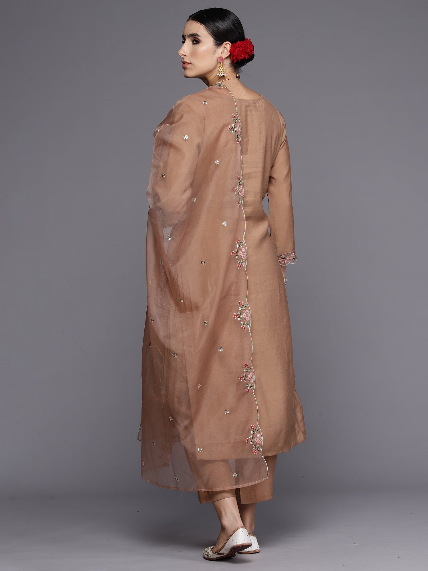 Indo Era Brown Embroidered Straight Kurta Trousers With Dupatta Set | Grocsy