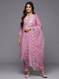 Indo Era Lavender Embroidered Straight Kurta Trousers With Dupatta Set | Grocsy