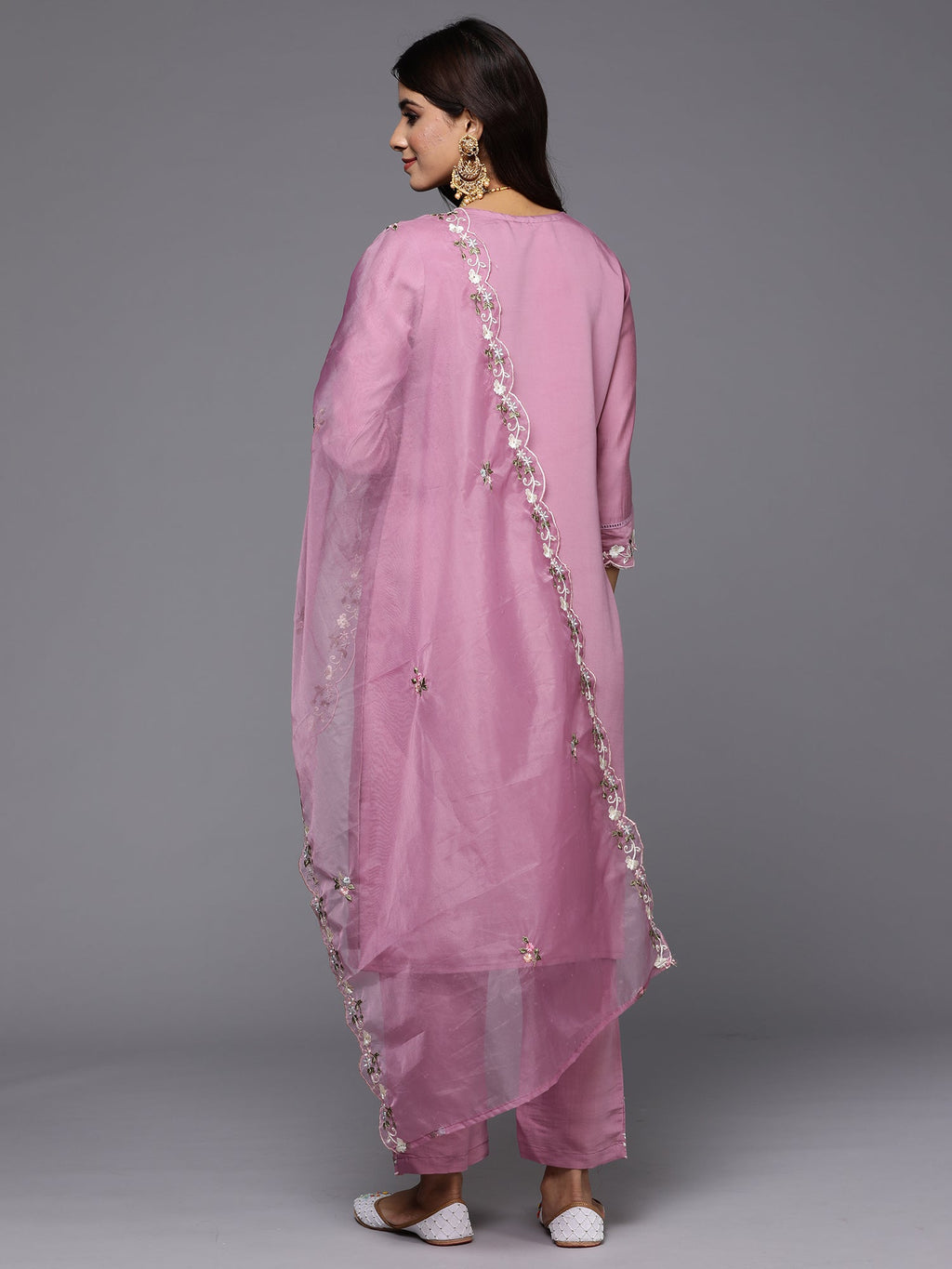 Indo Era Lavender Embroidered Straight Kurta Trousers With Dupatta Set | Grocsy