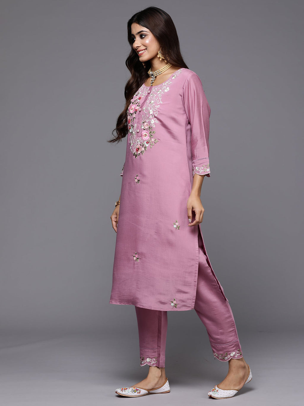 Indo Era Lavender Embroidered Straight Kurta Trousers With Dupatta Set | Grocsy